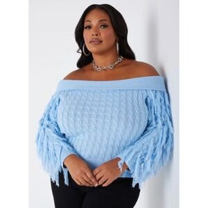 Ashley Stewart Light Blue Cable Knit Off Shoulder Fringe Sweater size 22/24